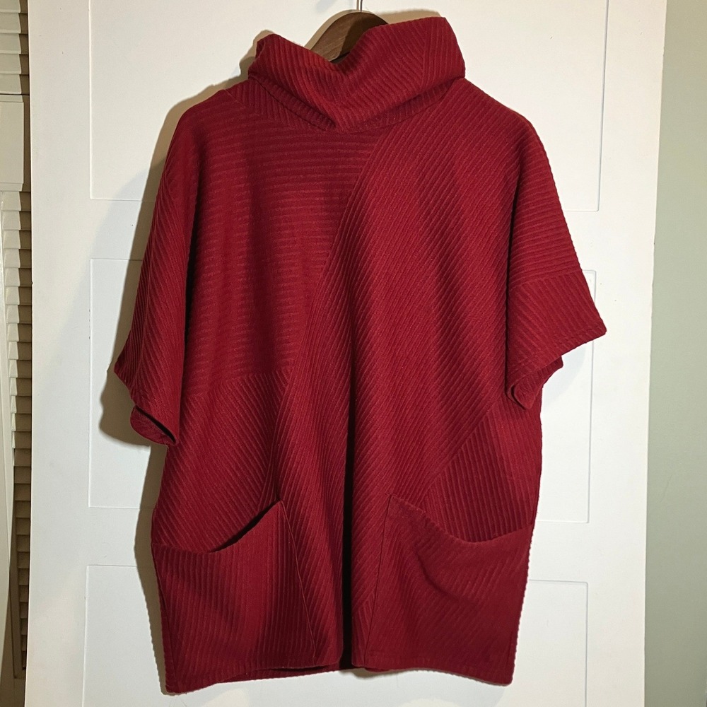 Papillon XL Burgundy Red Cowl Neck Short Sleeve Sweater Poncho Pocket Minimalist